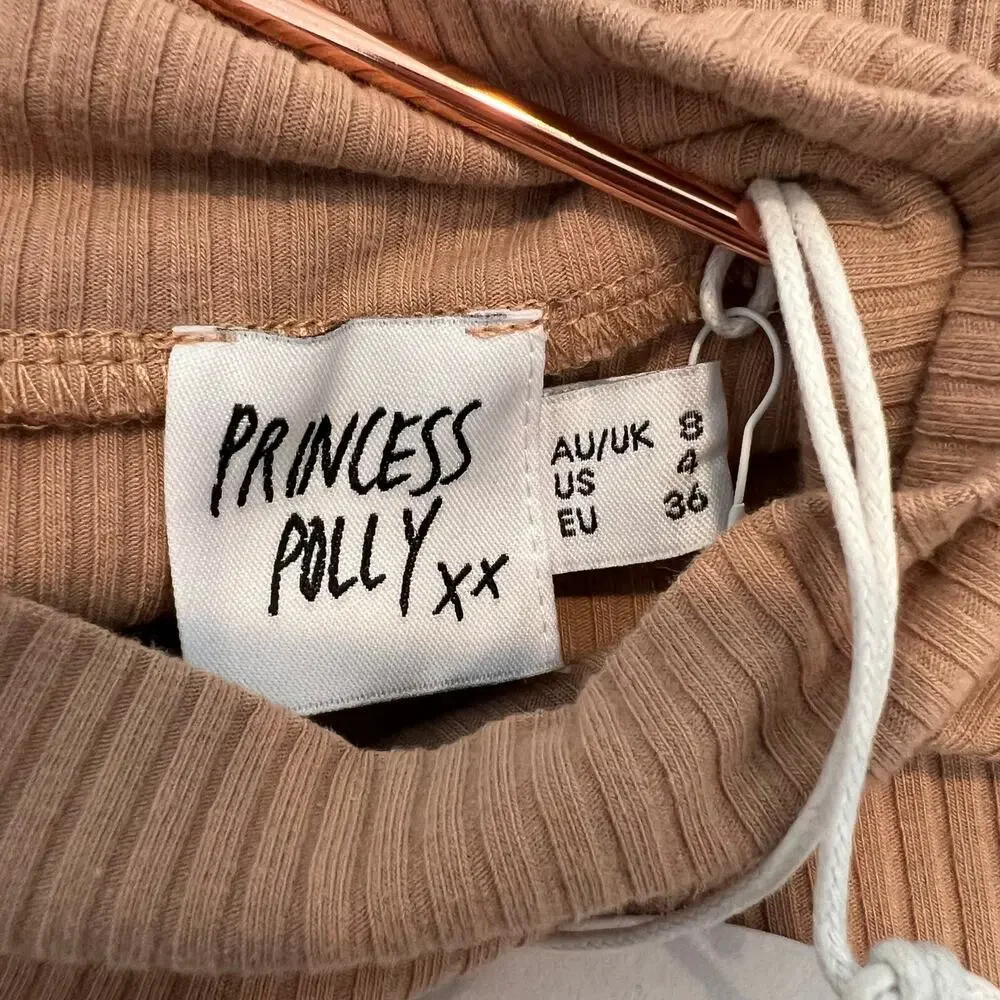 Princess Polly Savoy Long Sleeve Mini Dress Beige Tan Ribbed Knit Mock Neck